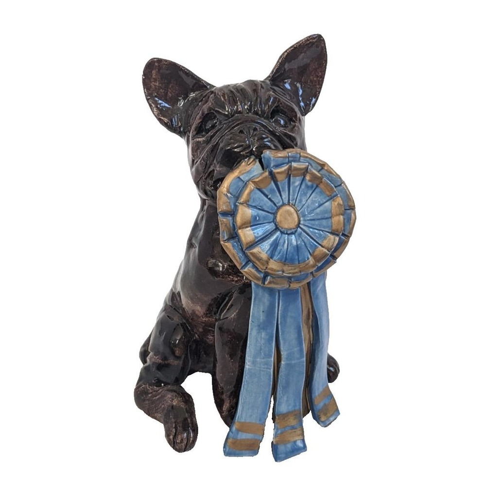 Handmade Ceramic French Bulldog Figurine Blue Ribbon Folk Art Pottery Dog Signed